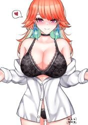 1girls black_bra black_panties blush bra breasts choker clothing dasmortred earrings female female_only hololive hololive_english hololive_myth huge_breasts light-skinned_female light_skin nose_blush orange_hair panties pink_eyes shirt simple_background solo spoken_heart takanashi_kiara virtual_youtuber white_background