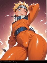 1boy ;p ahegao ai_generated artist_name blonde_hair blue_eyes bodysuit bulge erect_penis erection facial_mark forehead_protector hi_res high_quality high_resolution highres jacket kunai looking_at_viewer male_focus naruto naruto_(series) ninja one_eye_closed open_jacket orange_jumpsuit orange_pants partially_unzipped patreon_username penis_outline seductive_smile short_hair solo spiked_hair teasing thick_thighs thighs tongue tongue_out uzumaki_naruto visible_bulge weapon whisker_markings wink zimalarey zipper