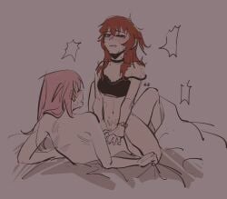 2girls bite_mark bite_mark_on_shoulder bite_mark_on_stomach black_bra black_choker bocchi_the_rock! bra breasts chinese_commentary choker cleavage commentary_request futa_with_female futanari gotoh_hitori grey_hair kita_ikuyo long_hair multiple_girls nude one_side_up pink_hair red_hair sex simple_background small_breasts straddling strap_slip toweler underwear