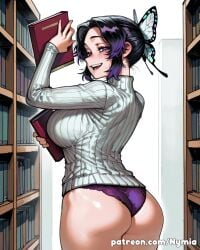 1girl ai_generated anime ass bangs black_hair blush books bookshelf butt_crack cameltoe cleavage curvy detailed_background female female_only from_behind gradient_hair hair_between_eyes holding_book indoors large_breasts library lifted_arm long_sleeves looking_at_viewer looking_back low_angle mischievous_smile no_bra no_pants oversized_clothes panties parted_bangs patreon patreon_username pov purple_eyes purple_hair purple_panties rear_view ribbed_sweater screenshot short_hair sideboob sideburns smile solo standing suggestive sweater sweater_dress sweater_lift thick_thighs thighs turtleneck underwear watermark