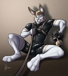 2021 absurd_res animal_mask anthro armwear athletic athletic_anthro athletic_male black_bodysuit black_clothing black_latex black_skinsuit blonde_hair bodysuit brown_harness brown_leash bulge closed_smile clothed clothing dated detailed_bulge footwear front_view fur gay gay_anal genital_outline glistening glistening_eyes hair harness hi_res holding_leash holding_mask holding_object homosexual homosexual_male hufnaar lagomorph latex latex_bodysuit latex_clothing latex_skinsuit leash leporid looking_at_viewer male male_anthro male_only male_penetrated mammal mask mouth_closed penis_outline pup_mask rabbit sitting skinsuit smile socks solo spread_legs spreading tight_clothing white_armwear white_body white_clothing white_footwear white_fur white_socks