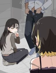 1boy 2girls absurdres after_ejaculation after_fellatio black_hair black_pants blonde_hair blush caught commentary cum cum_on_clothes cumdrip dress_shirt dressing facing_another flying_sweatdrops grey_shirt highres idolmaster idolmaster_shiny_colors ikaruga_luca long_hair mother_and_child mother_and_daughter multicolored_hair multiple_girls ohgi910 open_fly open_pants pants parent_and_child school_uniform shirt straight_hair sweat two-tone_hair very_long_hair white_shirt yakumo_nami yellow_eyes