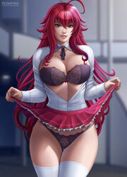 1girls big_breasts black_bra black_panties blouse bra breasts brown_eyes cleavage female female_only flowerxl high_school_dxd large_breasts looking_at_viewer open_blouse panties red_hair red_skirt revealing_panties rias_gremory skirt skirt_lift smile solo thick_thighs thighhighs white_blouse white_thighhighs