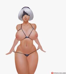 big_breasts breasts breasts_out female_only harness lubbio nier:_automata pinup pulling_panties solo thick_thighs thong yorha_2b