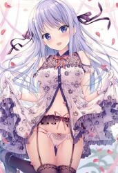 1girl ass_visible_through_thighs babydoll babydoll_lift bare_arms bare_shoulders black_thighhighs breasts buttons cameltoe cowboy_shot crotch_seam floral_print frills front_slit garter_belt gloves groin hair_ribbon half_updo head_tilt highres hiiragi_asuka_(twinbox) large_breasts leg_up long_hair looking_at_viewer mole mole_under_eye multi-strapped_panties navel open_mouth original panties petals purple_eyes purple_hair revealing_clothes ribbon shoes sidelocks smile solo sousouman stomach thighhighs thighs twinbox_school underwear white_babydoll white_gloves white_panties