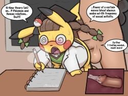 balls bodily_fluids bottomless bottomless_female clothed clothing cosplay_pikachu_(character) cosplay_pikachu_(costume) cum cum_inside dialogue drooling eyewear female generation_1_pokemon genital_fluids genitals glasses hi_res human internal interspecies male mammal milachu92 nintendo penis pikachu pikachu_ph._d pokemon pokemon_(species) pokephilia saliva sweat tongue