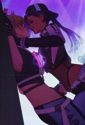 2girls after_kiss antifragile_slay_star antifragile_traysi blonde_hair british_female color colored commission commission_art dark-skinned_female dark_skin earrings female female/female female_only hand_in_another's_pants hand_in_pants le_sserafim lena_oxton light-skinned_female light_skin long_hair mexican_female official_alternate_costume olivia_colomar overwatch overwatch_2 pinned_to_wall purple_hair saliva_string short_hair sombra tracer vivi_llain yuri