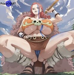 1girls ai_generated areola_slip big_breasts braids busty cameltoe cape crop_top curvy day female female_only from_below huge_breasts narrow_waist one_piece outdoors pink_hair priestofart ripley_(one_piece) shiny skirt smile solo solo_female spread_legs squatting tattoo watermark