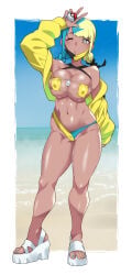 1girls bikini blonde_hair breasts canari_(pokemon) canary_(pokemon) dark-skinned_female dark_skin eyepatch_bikini gold_bikini huge_breasts looking_at_viewer mask mouth_mask multicolored_hair nintendo pokemon pokemon_legends:_z-a skindentation solo swimsuit twintails two-tone_hair yellow_bikini