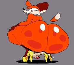 1boy balls fox gray_background high_heels huge_ass male male_only pose red_fox shoes_only small_penis smug solo soups_(superiorfox) spots spots_(marking) spotted_ass squatting superiorfox twitter_link