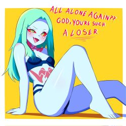 1girls b1iz4rd bare_legs blue_skin brat bratty cyberpunk:_edgerunners fang female green_hair legs long_hair rebecca_(edgerunners) red_eyes small_breasts smug solo taunting underwear