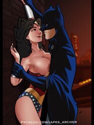 back_against_wall batman batman_(series) breast_press breasts breasts_out dc dc_comics eye_contact imminent_sex japes justice_league pinned pinned_arms power_bottom shirt_down straight wonder_woman wonder_woman_(series)