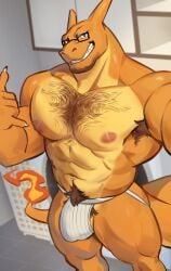 absurd_res anonymous_artist anthro armpit_hair beard blue_eyes body_hair bulge charizard chest_hair clothed clothing dragon eyewear facial_hair fire flaming_tail foreseth_(character) front_view generation_1_pokemon glasses hi_res jockstrap jockstrap_only male manly muscular muscular_anthro muscular_male mythological_creature mythological_scalie mythology nintendo pokemon pokemon_(species) scalie smile solo tail topless underwear underwear_only wearing_glasses