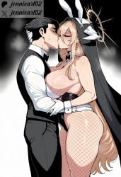 1boy 1girl ai_generated animal_ear_headwear animal_ears azur_lane bare_shoulders black_bow black_bowtie black_hair black_leotard black_pants black_vest blonde_hair blush bow bowtie breast_press breasts bunny_girl bunnysuit closed_eyes clothing collared_shirt detached_collar fake_animal_ears fake_horns female fishnet_pantyhose fishnets french_kiss from_side gloves habit hair_between_eyes halo hand_on_another's_hip hetero highleg highleg_leotard horns hug huge_breasts implacable_(azur_lane) jennieart02 kiss large_breasts leotard long_hair long_sleeves male nun pants pantyhose patreon patreon_logo patreon_username playboy_bunny playboy_bunny_leotard rabbit_ears shirt short_hair sideboob standing sweat thighs twitter twitter_username veil very_long_hair vest watermark white_gloves white_shirt wrist_cuffs