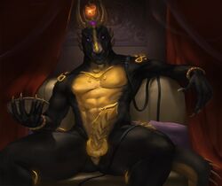 anthro balls black_body bodily_fluids dragon erection genital_fluids holding_object leash looking_at_viewer male male_only penis precum purple_eyes shwonky sitting solo yellow_body