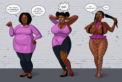 2018 bbw bimbo bimbofication black_hair breast_expansion breast_growth breasts dark-skinned_female dialogue digital_media_(artwork) fat female_only fishnets hi_res high_heels high_resolution highres large_breasts open_toe_shoes original purple_clothing school_uniform sequence signature sortimid speech_bubble tagme teacher text transformation twintails