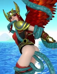 3d anal ass bound clothed double_penetration hands_behind_back jing_wei_(smite) oral phoenix_fire_jing_wei rape restrained scrido smite tentacle triple_penetration vaginal_penetration wings