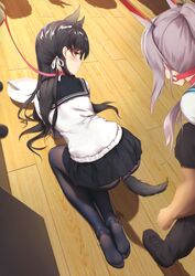 absurdres anal anal_object_insertion anal_tail animal_ears atago_(azur_lane) ayanami_(azur_lane) azur_lane black_hair black_legwear bondage bound breasts buttplug_tail collar fake_tail feet highres large_breasts leash long_hair military military_uniform object_insertion pantyhose pet_play rope rope_bondage school_uniform stockings tail tied_up tokinohimitsu uniform