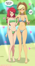 2girls apple_bloom_(mlp) applejack_(mlp) barefoot beach bikini blonde_hair blush breasts busty cleavage clothed clothed_female english english_text equestria_girls feet female female_focus female_only friendship_is_magic hair_ribbon hasbro hat heart human human_only humanized humanoid humanoid_feet implied_incest incest long_hair looking_at_viewer multiple_girls my_little_pony my_little_pony_friendship_is_magic navel orange_body orange_skin outside patreon photo rambon7 red_hair sisters skimpy_bikini small_breasts smile smooth_skin soles speech_bubble standing swimsuit teeth text toes wink yellow_eyes