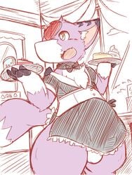 2019 absurd_res anthro ass black_body black_fur black_skin black_stripes black_wings blush bow_tie bulge claws clothing digimon digimon_(species) dolpix dorumon dragon fangs featureless_crotch feral fluffy fluffy_tail fox_tail fur furred_dragon hi_res japanese_text maid_uniform male male_only purple_body purple_fur purple_skin semi-anthro solo stripes suit text toe_claws translated uniform waiter white_body white_fur white_skin wings x-digimon yellow_eyes