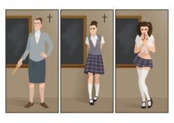 1girls 2019 age_regression bimbo bimbofication blush breast_expansion catholic chalkboard christianity cleavage comic cross digital_media_(artwork) female female_only hi_res high_heels high_resolution highres human human_only licking original school_uniform sequence sortimid spanked student tagme teacher transformation vest white_background