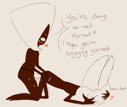 <3 2girls anthro blush dialogue duo english_text face_in_pillow female female/female female_only female_penetrating_female heart hollow_knight hornet_(hollow_knight) insect insect_girl lace_(hollow_knight) lecatteacat multiple_girls pillow pillow_grab praise romantic sex sex_from_behind silksong strap-on strap-on_sex white_background wholesome yuri