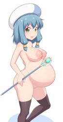 aka8mori akai_(riaakai) areolae black_legwear blue_eyes blue_hair blush breasts endro! eyebrows_visible_through_hair female groin hat highres large_areolae large_breasts looking_at_viewer looking_to_the_side meiza_endust navel nipples nude open_mouth pregnant ready_to_pop sagging_breasts shadow shiny shiny_hair shiny_skin short_hair simple_background solo staff standing thighhighs white_background