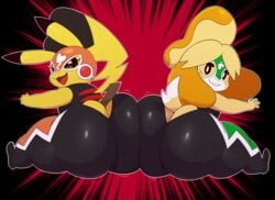 2girls :3 alternate_costume alternate_outfit animal_crossing animal_ears anthro ass ass_cleavage ass_to_ass back big_ass big_eyes big_tail black_border black_eyes blonde_hair bottom_heavy brown_eyes brown_fur butt_bump butt_crack canine cleft_tail clothed clothes cosplay cosplay_pikachu cowboy_shot crossover cute cute_face cutout dog_ears dog_girl dog_tail feet fighting_stance fur furry game_freak huge_ass impossible_clothes isabelle_(animal_crossing) large_ass leggings looking_at_viewer looking_back mask masked nintendo open_eyes pikachu pikachu_libre pokémon_(species) pokemon red_background rodent shirt smile spread_legs sssonic2 super_smash_bros. super_smash_bros._ultimate tail tank_top thick_thighs thighs topknot wide_hips yellow_fur