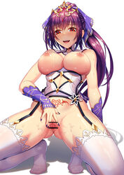 ass_visible_through_thighs bangs bare_shoulders blush breasts breasts_out censored cleavage detached_sleeves fate/grand_order fate_(series) female fringe garter_straps hair_between_eyes hair_ribbon large_breasts leaning_back long_hair looking_at_viewer nipples no_panties pink_camisole ponytail presenting_pussy pubic_tattoo purple_hair purple_ribbon pussy red_eyes ribbon scathach_(fate) scathach_skadi simple_background solo spread_pussy squatting sweat tako_seijin tattoo thighhighs thighs tiara white_background white_legwear