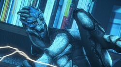 3d 3d_(artwork) alien bodily_fluids bookshelf cropped cum cumshot digital_media_(artwork) ejaculation furniture genital_fluids lying male male_only mass_effect nude on_side open_mouth orgasm raised_leg rooking solo source_filmmaker turian video_games