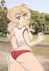 1girls ass blonde_hair female green_eyes ibarazaki_emi katawa_shoujo solo thick-thighs_(artist) thick_thighs