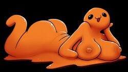 ass beady_eyes big_ass big_breasts black_background black_eyes breasts female female_only fingerless hips keadonger large_breasts lying_down lying_on_stomach nipples open_mouth orange_body owo plain_background scp-999 scp_foundation shiny_skin side_view slime slime_girl solo solo_female thick_thighs thighs toeless