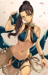 1girls absurdres alternate_costume bare_midriff bare_shoulders belly big_breasts black_hair blue_eyes breasts brown_hair cherry_blossoms cleavage commission commissioner_upload dancer dancer_outfit female female_only fire_emblem fire_emblem:_three_houses hair_over_shoulder haru_(nakajou-28) highres human human_only inner_sideboob judith_von_daphnel large_breasts long_hair mature mature_female midriff navel nintendo pelvic_curtain petals ponytail seductive side_ponytail sideboob simple_background skeb_commission smile solo stomach tan-skinned_female tan_skin thighs turquoise_eyes wide_hips