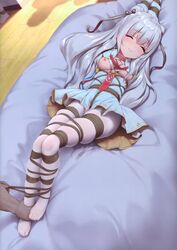 1boy 1girls absurdres azur_lane bed bird bondage bound bound_to_bed chick criss-cross_halter dress feet halterneck happy_sub highres le_malin_(azur_lane) nipples on_bed rope rope_bondage silver_hair stockings tagme tied_up tokinohimitsu white_dress