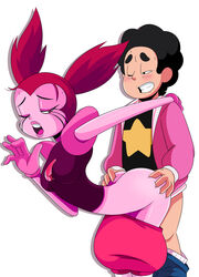 1boy ass ass_grab black_eyes black_hair blush breasts cartoon_network female gem gem_(species) gloves heart one_eye_closed pants_down pink_eyes pink_hair pink_skin sex sonson-sensei spinel_(steven_universe) steven_quartz_universe steven_universe steven_universe:_the_movie steven_universe_future sweat twintails