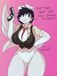 2019 anthro big_breasts black_hair blue_eyes bottomless breasts canid canine canis claws clothed clothing curvy_figure dialogue digital_media_(artwork) domestic_dog english_text female fingers fur gun hair handgun holding_object holding_weapon mammal navel necktie pussy ranged_weapon short_hair signature simple_background smile solo standing stareostar text thick_thighs topwear veronica_(stareostar) vest voluptuous weapon white_body white_fur wide_hips