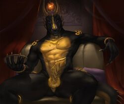 anthro balls black_body bodily_fluids dragon erection genital_fluids holding_object looking_at_viewer male male_only penis precum purple_eyes shwonky sitting solo yellow_body