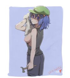 blue_eyes blue_hair breasts codyyuki dirty_clothes edit hammer hat highres nipples nitori_kawashiro short_hair sideboob sweat tank_top third-party_edit touhou