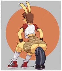 anal anal_masturbation anal_penetration anal_sex anthro clothing dildo dildo_sitting female fishnet lagomorph legwear leporid looking_back mammal masturbation open_mouth penetration rabbit robotjoe sex_toy shirt simple_background sneakers socks solo topwear torn_clothing wet_anus