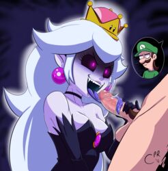 ... 1boy absurdres black_dress black_sclera boosette breasts cabronpr censored clothed_female_nude_male dress earrings fangs fellatio female gloves has_uncensored_version highres jewelry long_hair long_tongue looking_at_another luigi luigi's_mansion mario_(series) necklace new_super_mario_bros._u_deluxe nintendo nude oral penis purple_eyes purple_tongue super_crown sweat testicles tongue white_hair