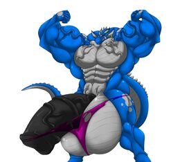 balls big_balls clothing dragon earpiece erection flexing furry horn huge_balls hyper hyper_balls hyper_penis male male_only muscular penis sachiel_666 simple_background speedo swimwear torn_clothing vein white_background