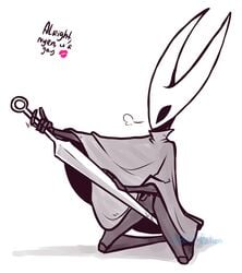 1girls anthro beastyrection cloak female female_only grinding holding_object hollow_knight hornet_(hollow_knight) horns improvised_sex_toy insect insect_girl masturbation monochrome on_knees partially_clothed pussy rubbing_pussy simple_background solo sword unusual_insertion unusual_object_insertion unusual_penetration unusual_sex_toy weapon white_background