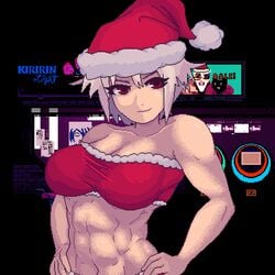 1girls abs bra christmas dana_zane hands_on_hips muscular_female red_eyes santa_hat short_hair solo susiesshitart va-11_hall-a white_hair