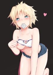 aogumaptticrash bangs bare_arms bare_legs bare_shoulders barefoot black_background blonde_hair blush breast_slip breasts clavicle condom condom_in_mouth condom_wrapper fate/apocrypha fate/grand_order fate_(series) feet female green_eyes heart heart-shaped_pupils high_resolution legs long_hair looking_at_viewer medium_breasts mordred_(fate) mouth_hold navel nipples pink_heart ponytail shirt_pull short_shorts shorts simple_background solo symbol-shaped_pupils tied_hair very_high_resolution viewed_from_below