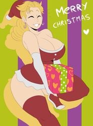 battle_tendency big_breasts blonde_hair box breasts christmas christmas_outfit cleavage closed_eyes curvy detnox dick_in_a_box earrings eyes_closed futa_only futanari holding_box human implied_futanari intersex jojo's_bizarre_adventure light_skin long_hair pinup present shounen_jump smile smiling solo solo_futa suzi_q thick_thighs voluptuous wide_hips