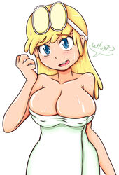 1girls big_breasts blonde_hair blue_eyes blush bottomless breasts busty cleavage collarbone female female_only glasses glasses_on_head huge_breasts large_breasts leni_loud nervous okappa open_mouth solo solo_focus straight_hair the_loud_house towel