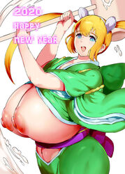 1girls big_breasts blonde_hair blue_eyes blush breast_outside busty cleavage curvy english_text erect_nipple erect_nipples eyelashes female female_only front_view hammer holding_object hourglass_figure huge_breasts human kimono looking_at_viewer mozu-k open_mouth original_character pose posing shiny shiny_skin simple_background solo standing text tied_hair twintails voluptuous white_background wide_hips yellow_hair