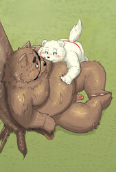 2017 anthro ass belly black_nose blush brown_body brown_fur clothing duo eye_patch eyewear fur humanoid_penis kiyo male male/male mammal moobs nipple_suck nipples outside overweight overweight_male penis polar_bear scar sitting size_difference sucking underwear ursid ursine white_body white_fur young