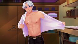 abs belt blush chris_(fap_ceo_menstream) closet embarrassed fap_ceo_menstream gay open_clothes open_shirt undressing white_hair white_shirt