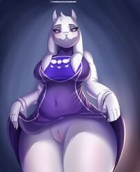 1girls anthro doomthewolf dress_lift female_only furry goat goat_horns milf purple_dress purple_eyes see_through thick_thighs toriel undertale white_fur